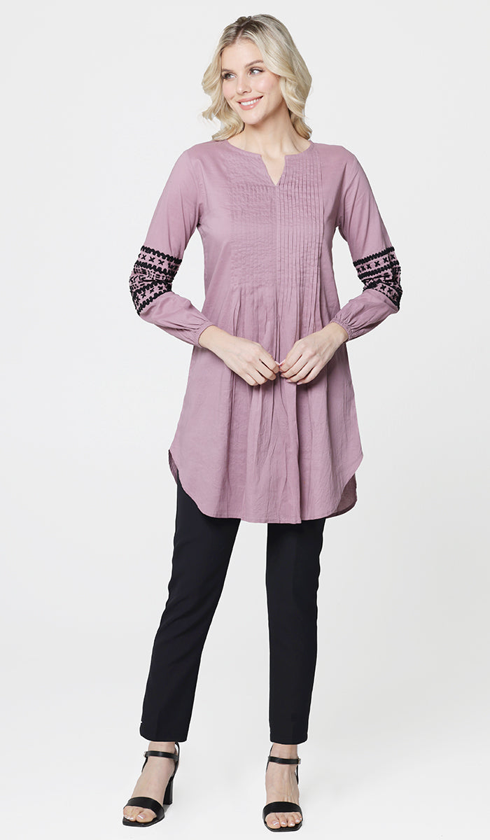 Hadiza Embroidered Cotton Modest Tunic - Dusty Mauve