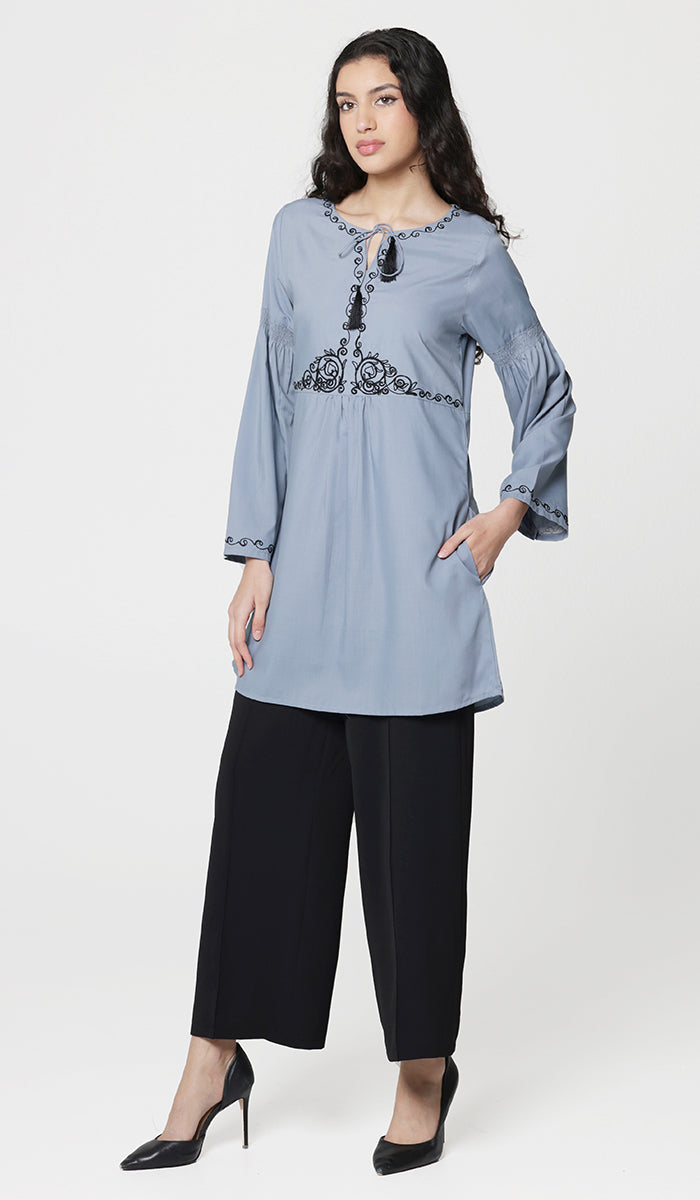 Haseen embroidered long modest tunic storm gray.