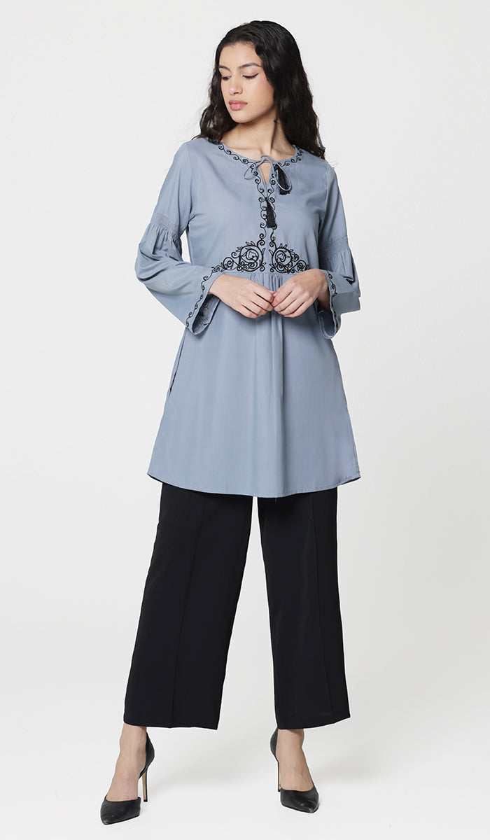 Haseen embroidered long modest tunic storm gray.