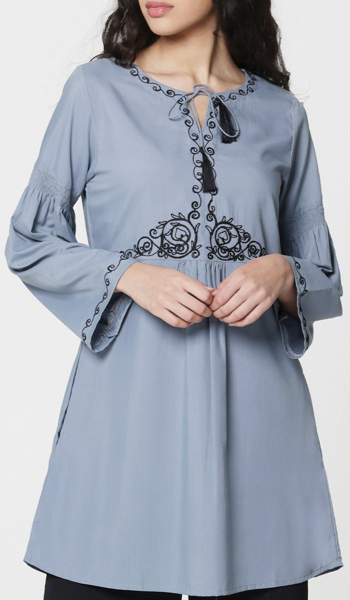 Haseen embroidered long modest tunic storm gray.