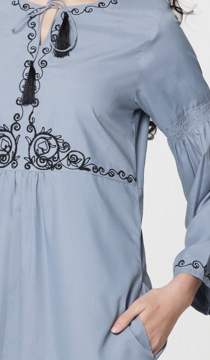 Haseen embroidered long modest tunic storm gray.