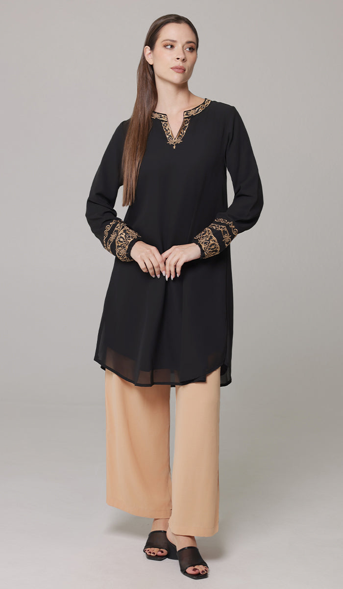 Hikmah Embroidered Modest Midi Tunic - Black/Tan