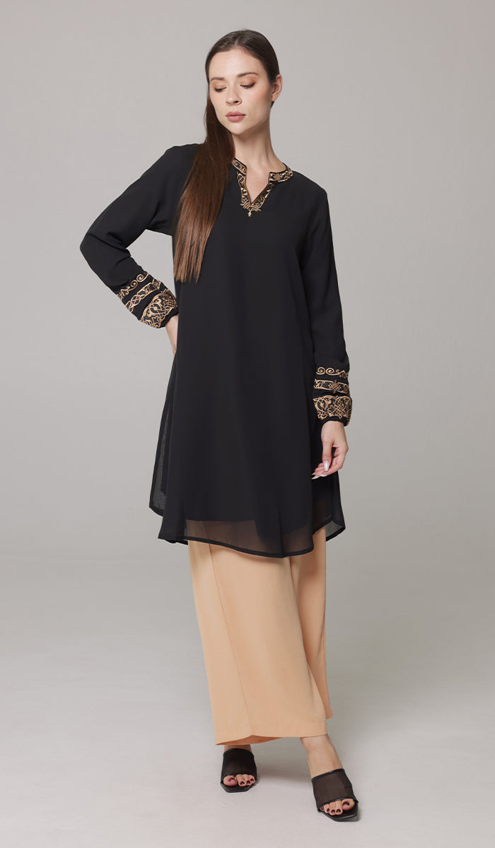 Hikmah Embroidered Modest Midi Tunic - Black/Tan