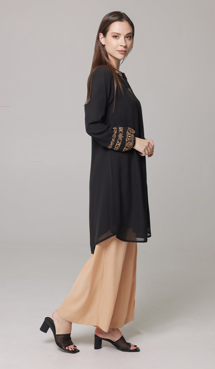 Hikmah Embroidered Modest Midi Tunic - Black/Tan