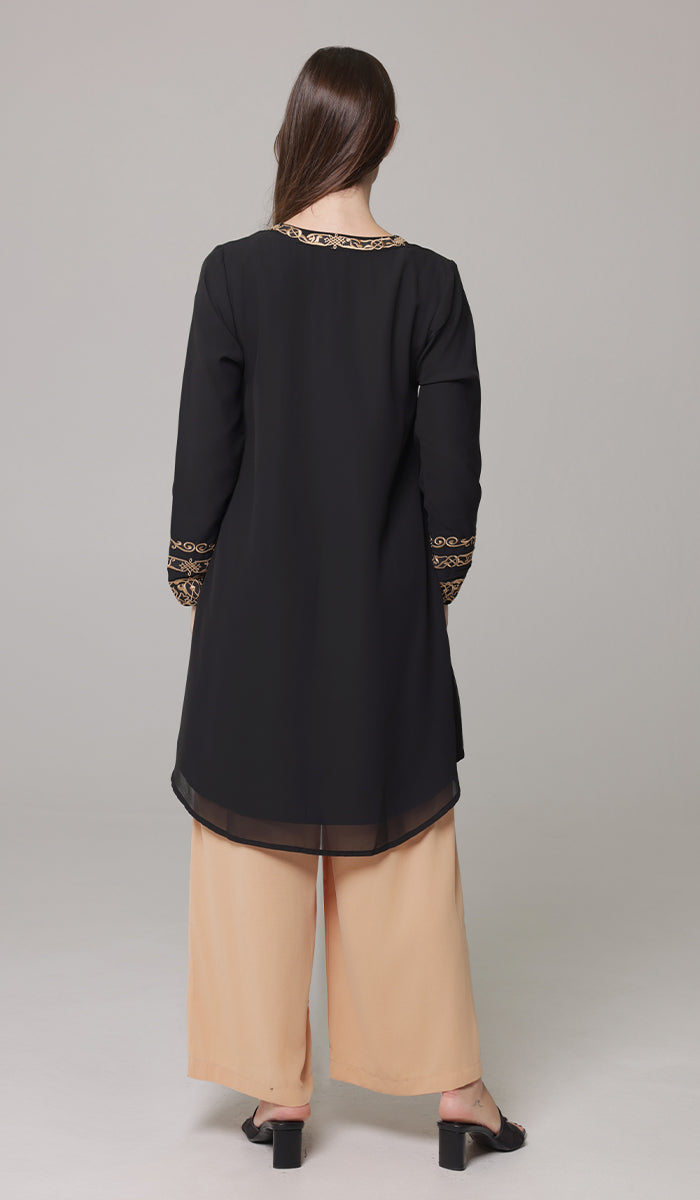 Hikmah Embroidered Modest Midi Tunic - Black/Tan