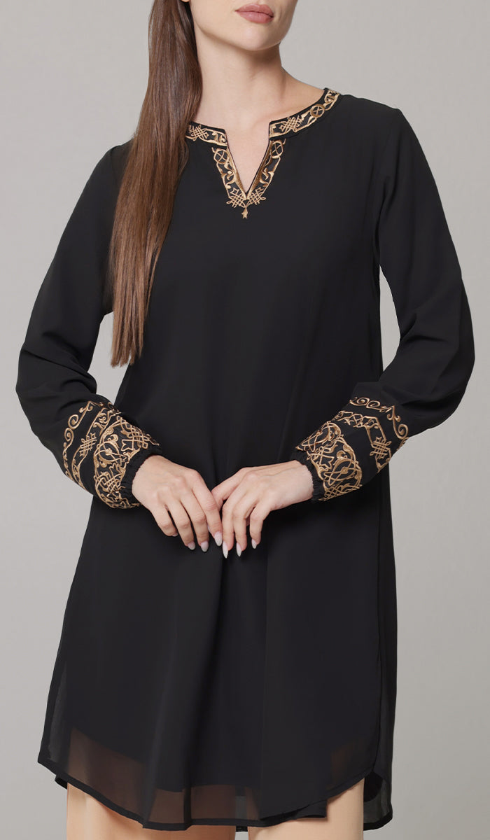 Hikmah Embroidered Modest Midi Tunic - Black/Tan