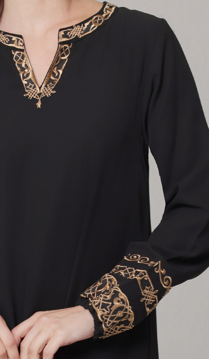 Hikmah Embroidered Modest Midi Tunic - Black/Tan