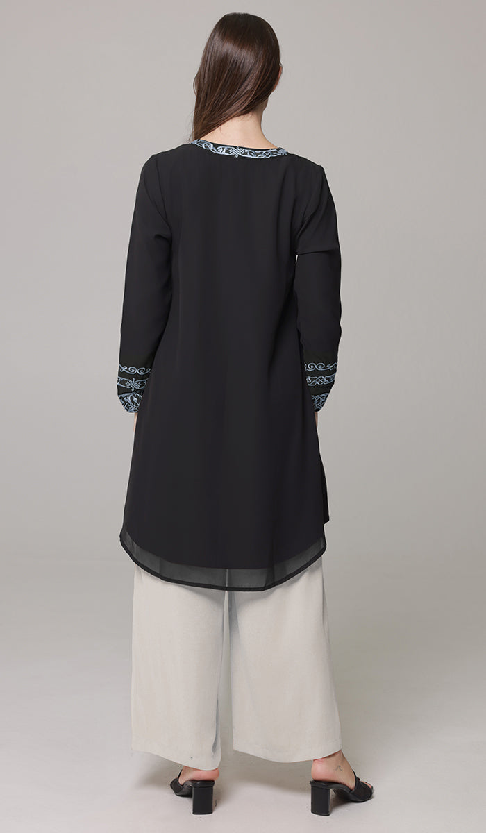 Hikmah Embroidered Modest Midi Tunic - Black/Blue