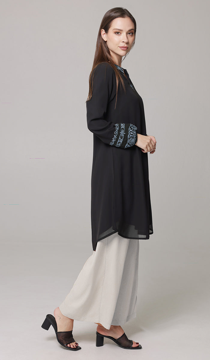 Hikmah Embroidered Modest Midi Tunic - Black/Blue