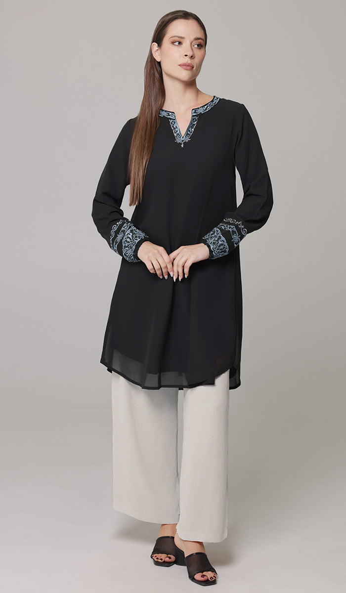 Hikmah Embroidered Modest Midi Tunic - Black/Blue