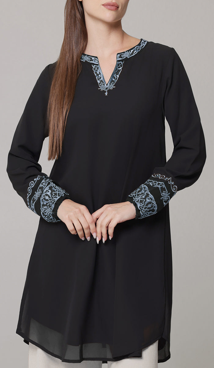 Hikmah Embroidered Modest Midi Tunic - Black/Blue