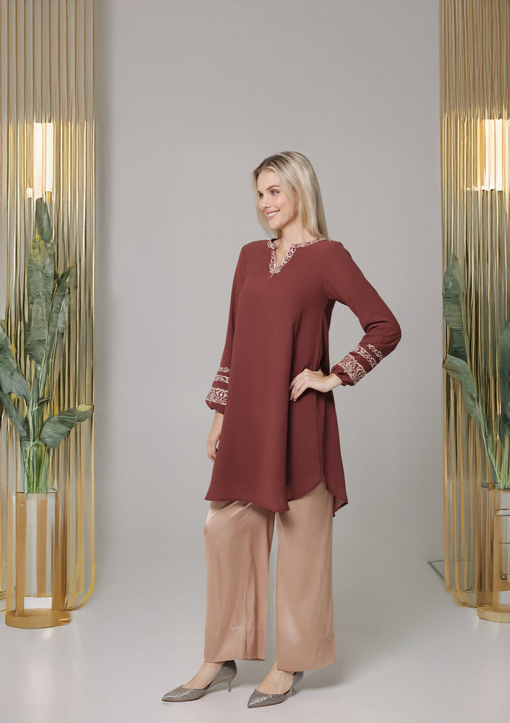 Hikmah Embroidered Modest Midi Tunic - Clay