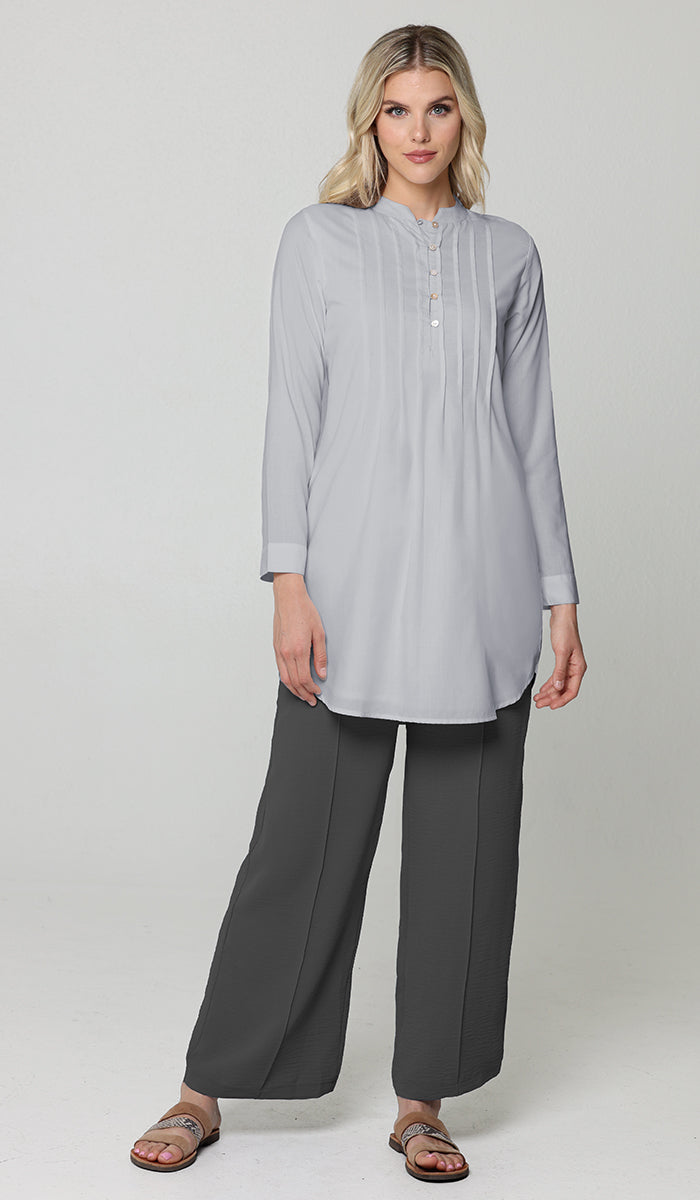 Hurin Pleated Mostly Cotton Button Down Tunic Dress - Gray Pearl - PREORDER (ships in 2 weeks)