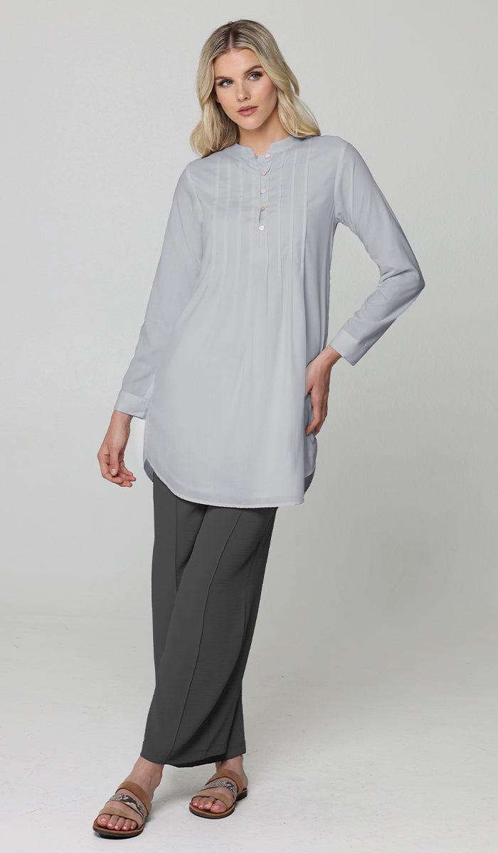 Hurin Pleated Mostly Cotton Button Down Tunic Dress - Gray Pearl - PREORDER (ships in 2 weeks)