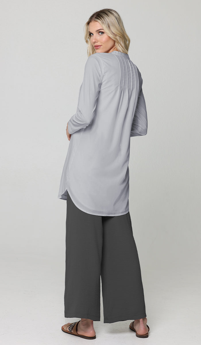 Hurin Pleated Mostly Cotton Button Down Tunic Dress - Gray Pearl - PREORDER (ships in 2 weeks)