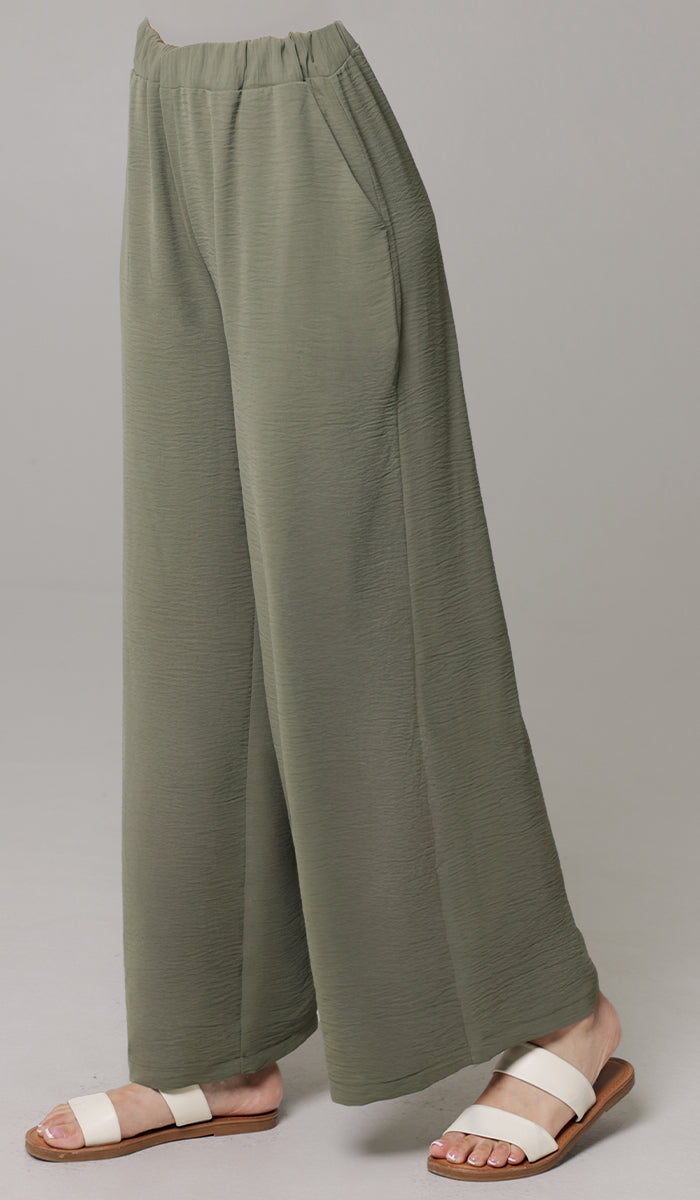 Ilham Loose Flowy Stretch Palazzo Pants - Olive - FINAL SALE