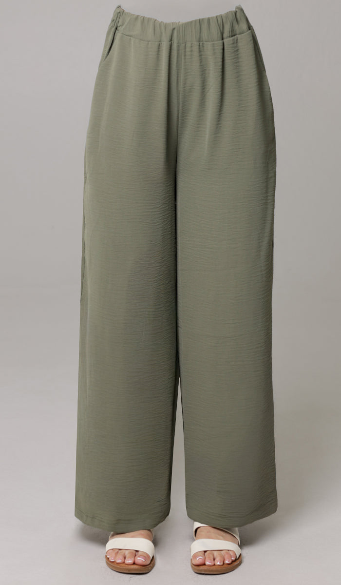 Ilham Loose Flowy Stretch Palazzo Pants - Olive - FINAL SALE