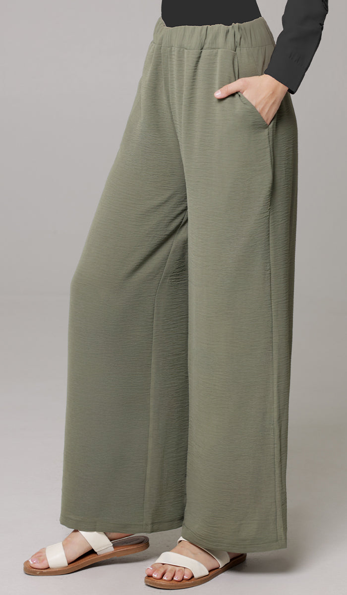 Ilham Loose Flowy Stretch Palazzo Pants - Olive - FINAL SALE