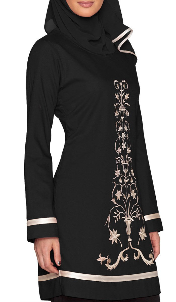 Isabel Floral Embroidered Long Tunic - Black