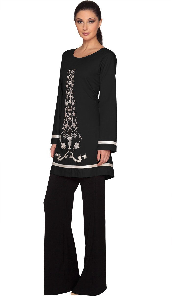 Isabel Floral Embroidered Long Tunic - Black