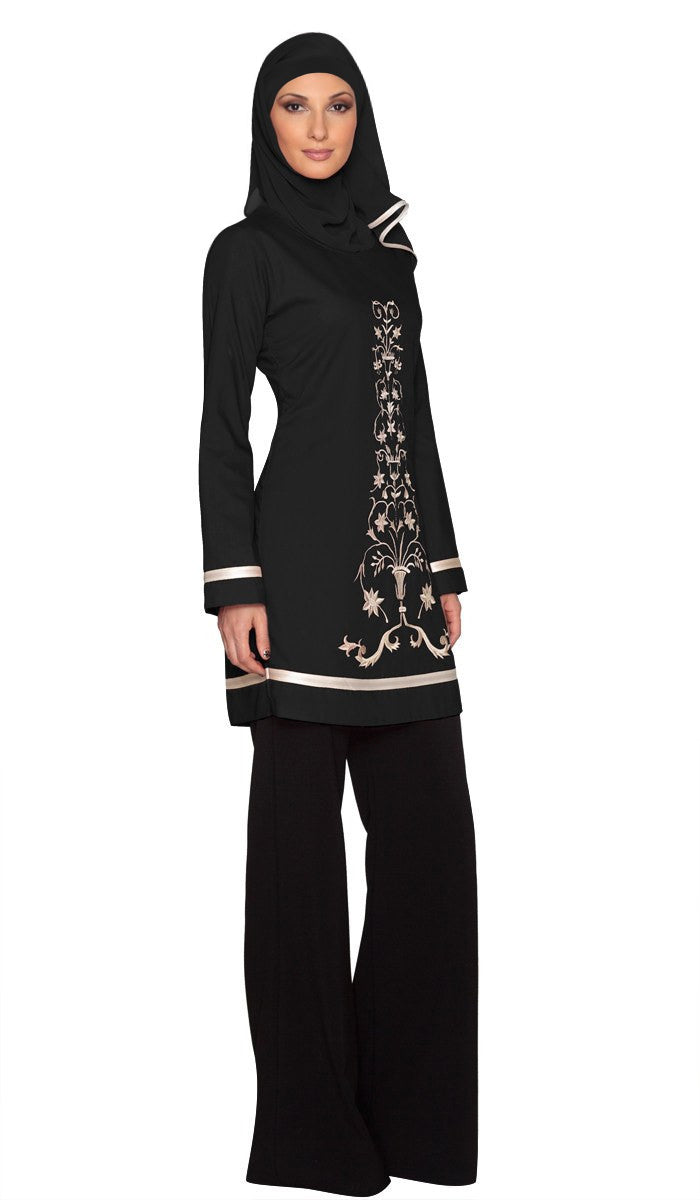 Isabel Floral Embroidered Long Tunic - Black