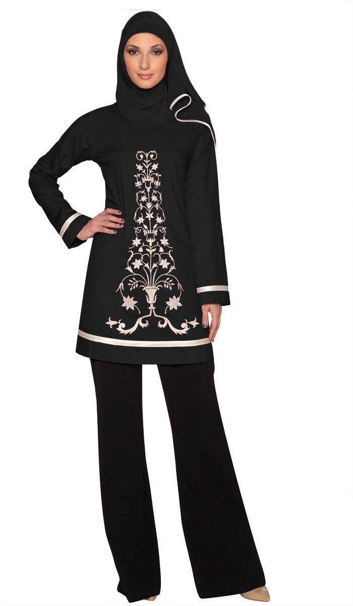 Isabel Floral Embroidered Long Tunic - Black