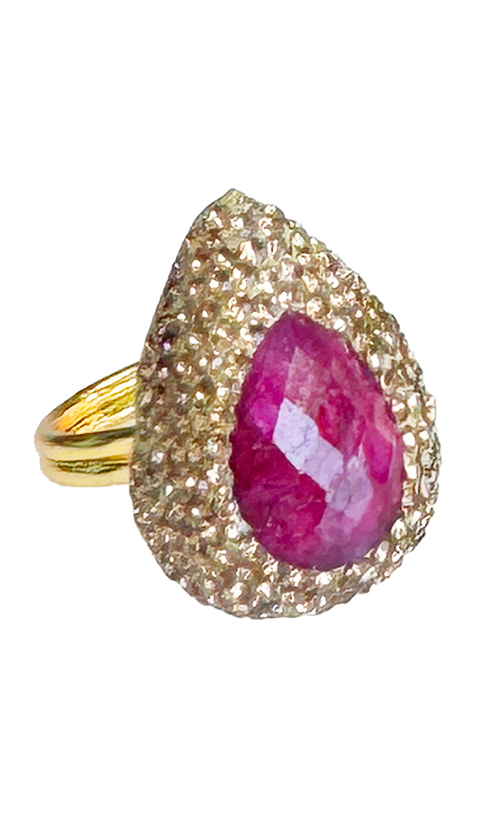 tear dropped pink ruby ring.