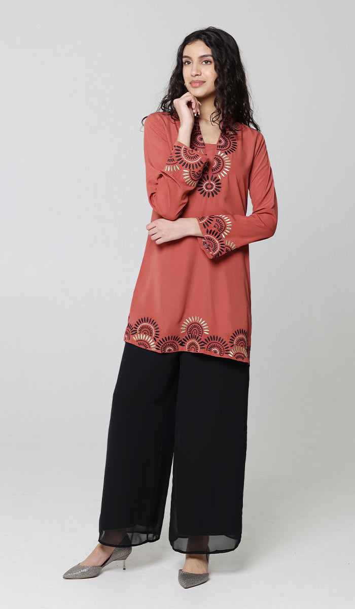 Maha Gold  Embellished Long Modest Tunic - Clay