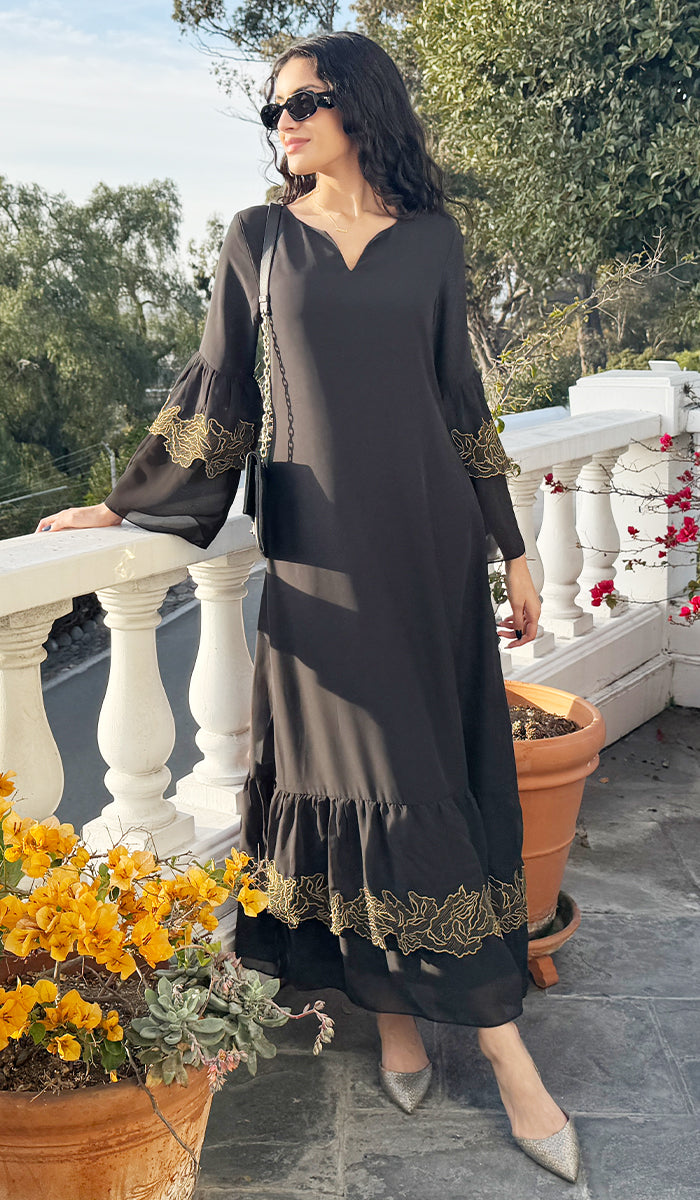 Mahin Embroidered Chiffon Modest Long Maxi Dress - Black/Gold - PREORDER (ships in 2 weeks)