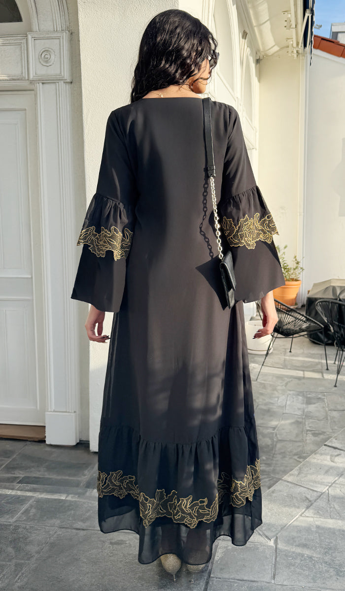 Mahin Embroidered Chiffon Modest Long Maxi Dress - Black/Gold - PREORDER (ships in 2 weeks)