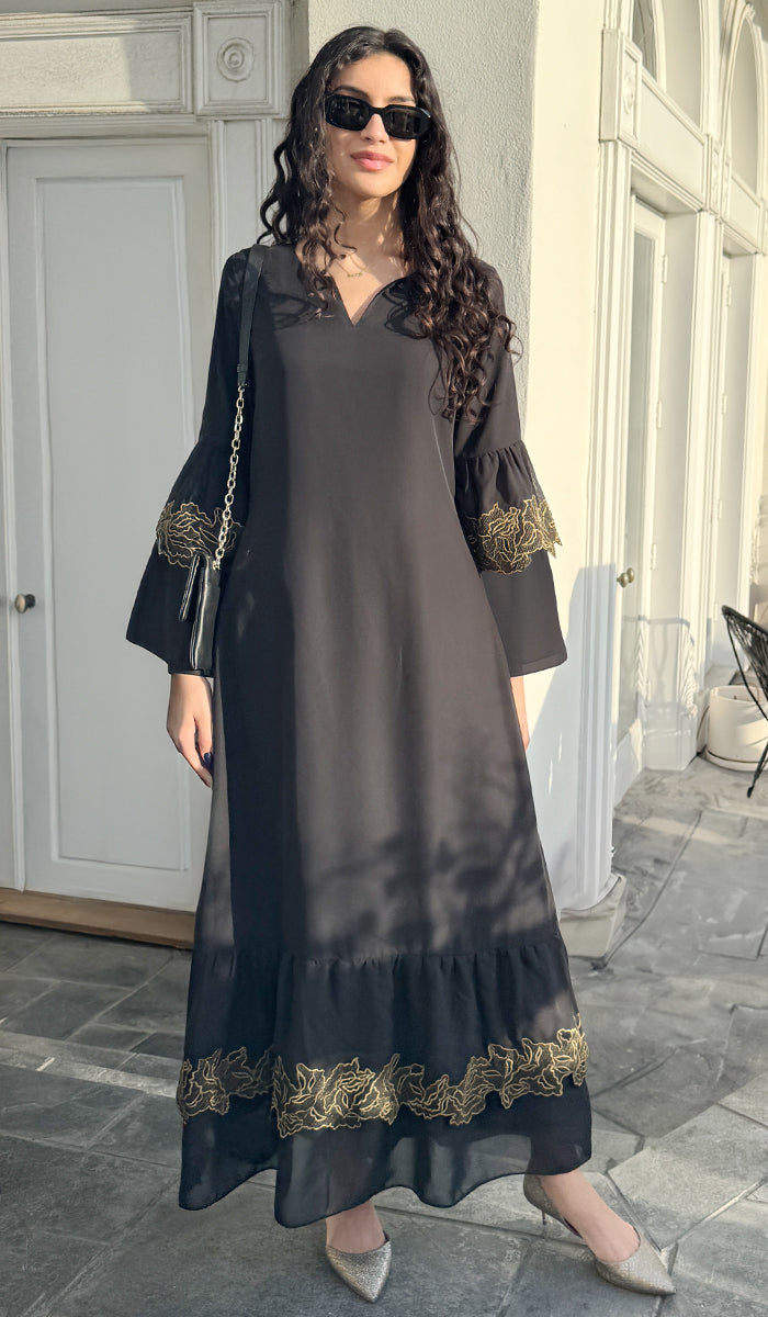 Mahin Embroidered Chiffon Modest Long Maxi Dress - Black/Gold - PREORDER (ships in 2 weeks)