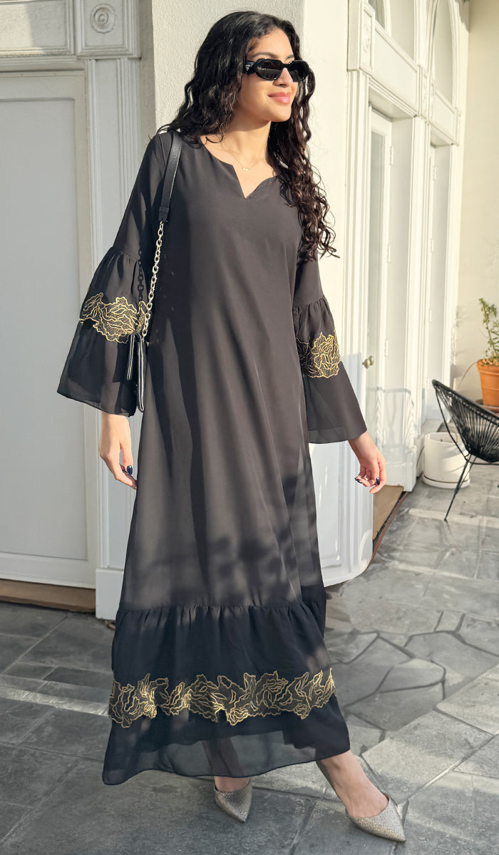 Mahin Embroidered Chiffon Modest Long Maxi Dress - Black/Gold - PREORDER (ships in 2 weeks)