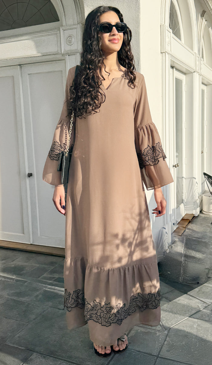 Mahin Embroidered Chiffon Modest Long Maxi Dress - Cafe/ Black - PREORDER (ships in 2 weeks)