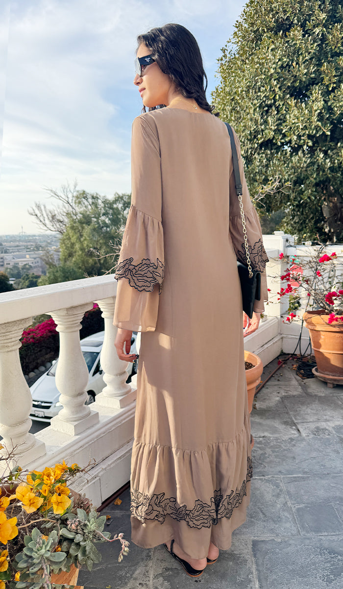 Mahin Embroidered Chiffon Modest Long Maxi Dress - Cafe/ Black - PREORDER (ships in 2 weeks)