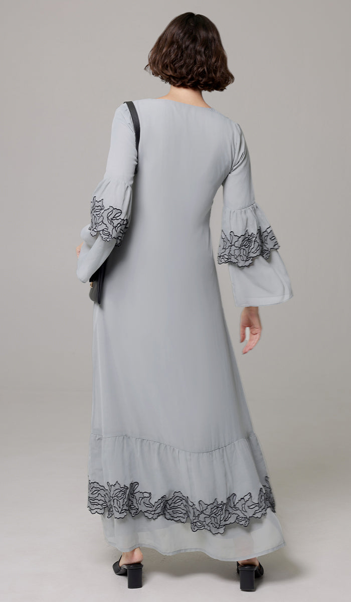 Mahin Embroidered Chiffon Modest Long Maxi Dress - Pearl/ Black - PREORDER (ships in 2 weeks)