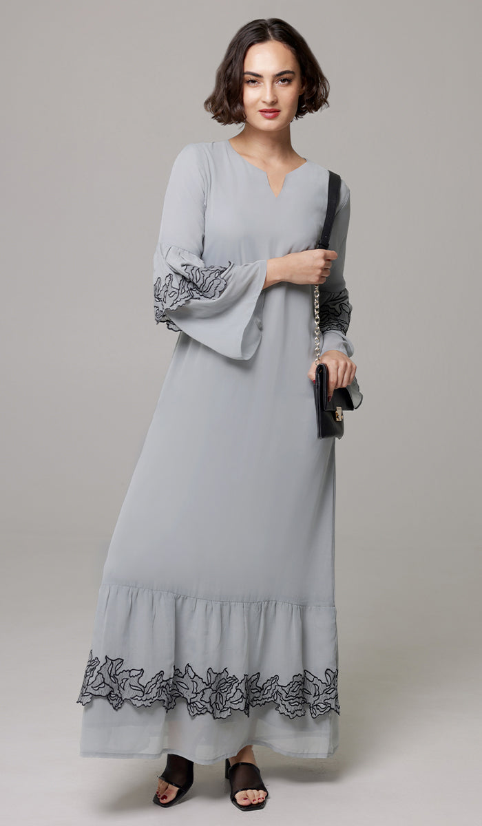 Mahin Embroidered Chiffon Modest Long Maxi Dress - Pearl/ Black - PREORDER (ships in 2 weeks)