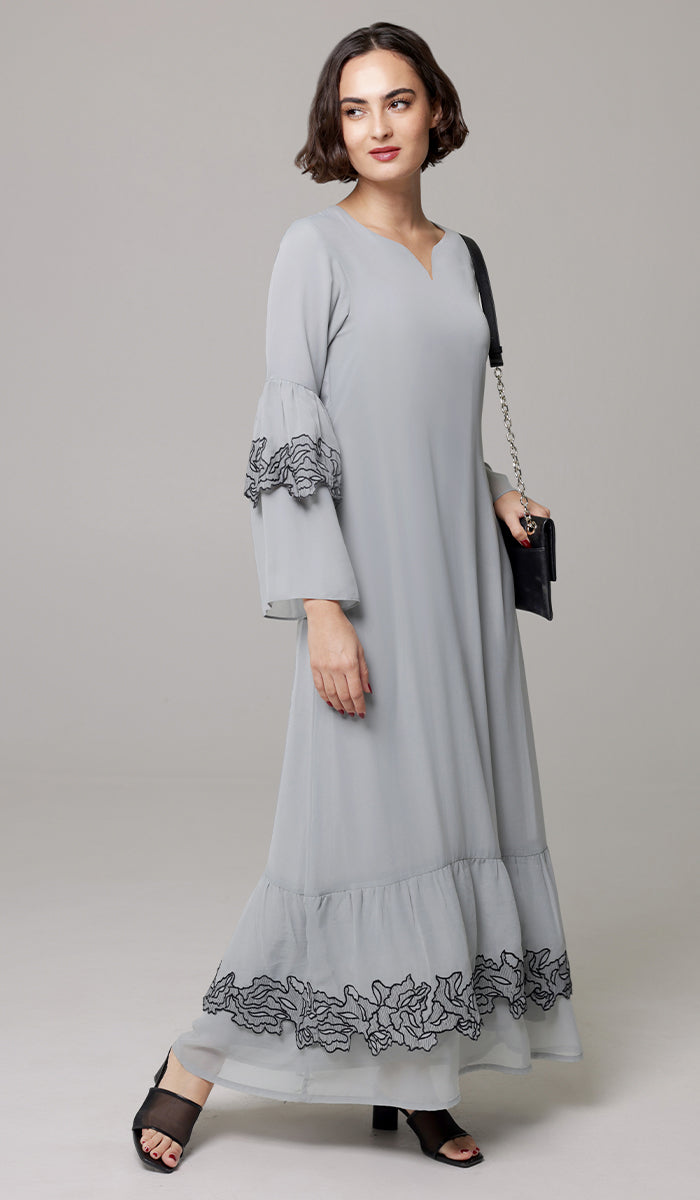 Mahin Embroidered Chiffon Modest Long Maxi Dress - Pearl/ Black - PREORDER (ships in 2 weeks)