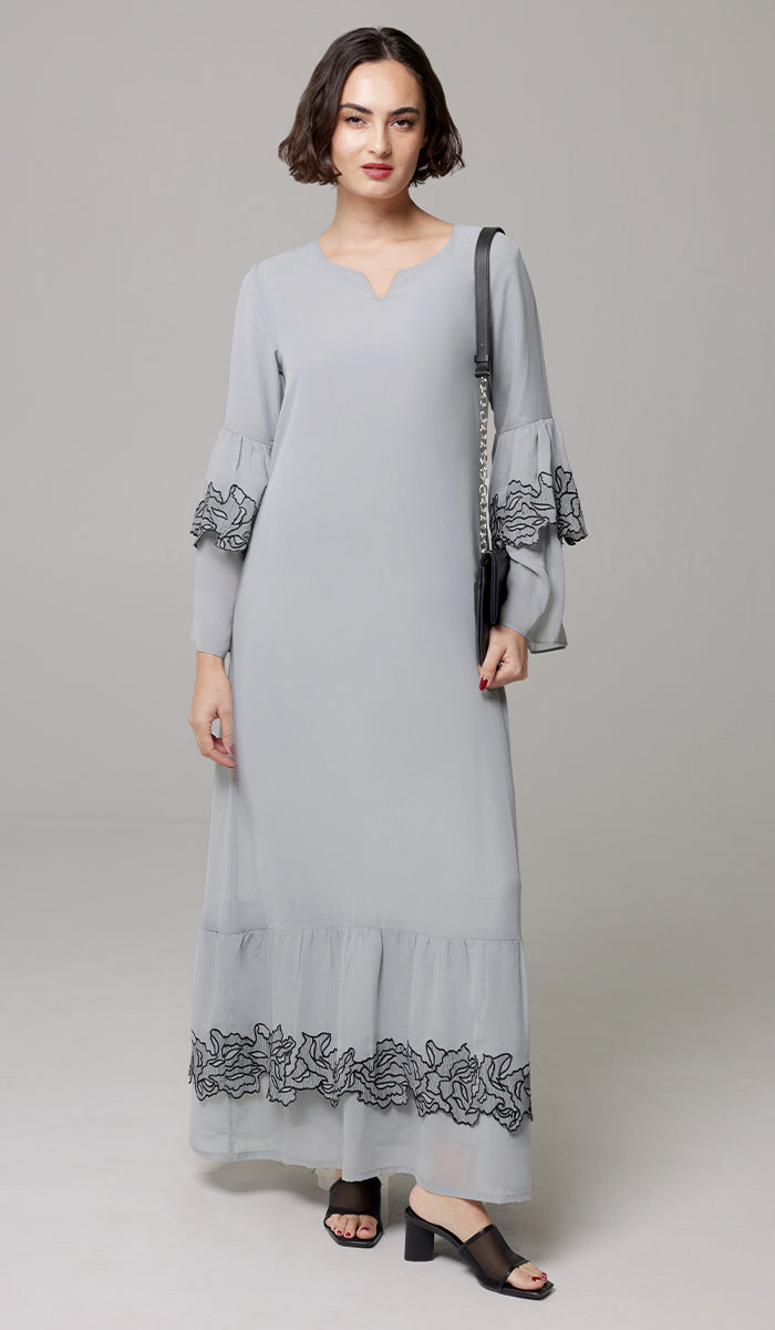 Mahin Embroidered Chiffon Modest Long Maxi Dress - Pearl/ Black - PREORDER (ships in 2 weeks)