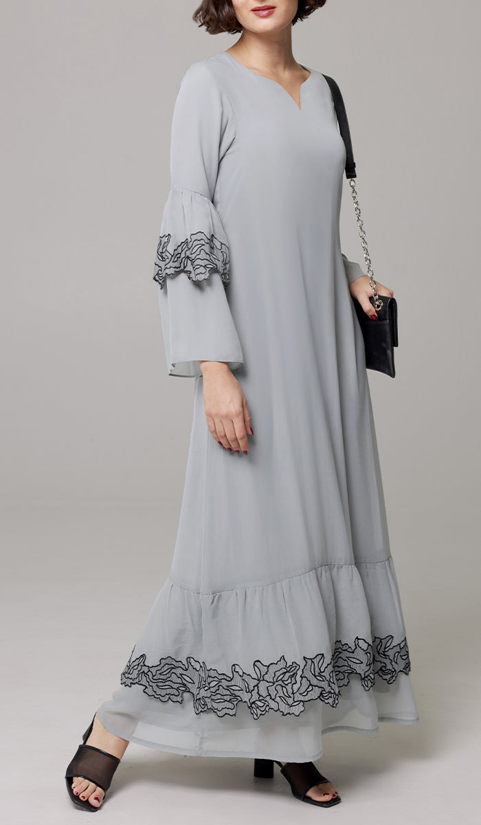 Mahin Embroidered Chiffon Modest Long Maxi Dress - Pearl/ Black - PREORDER (ships in 2 weeks)