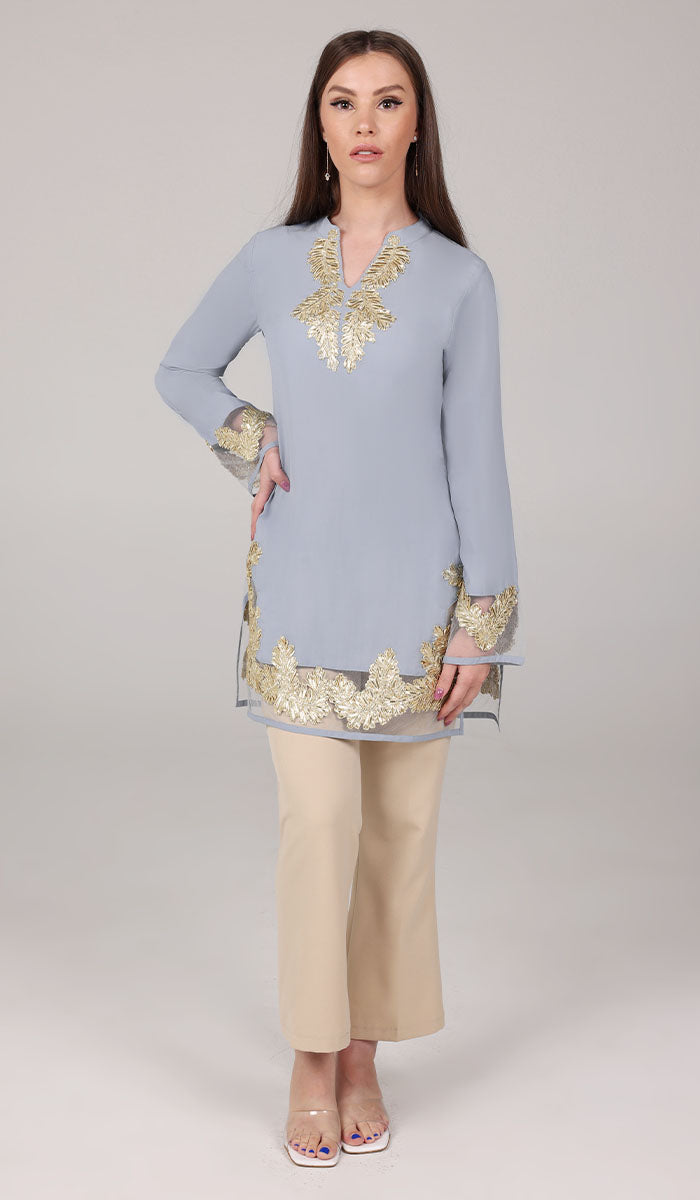 Mahnaz Gold Embellished Long Modest Tunic - Silver Mist