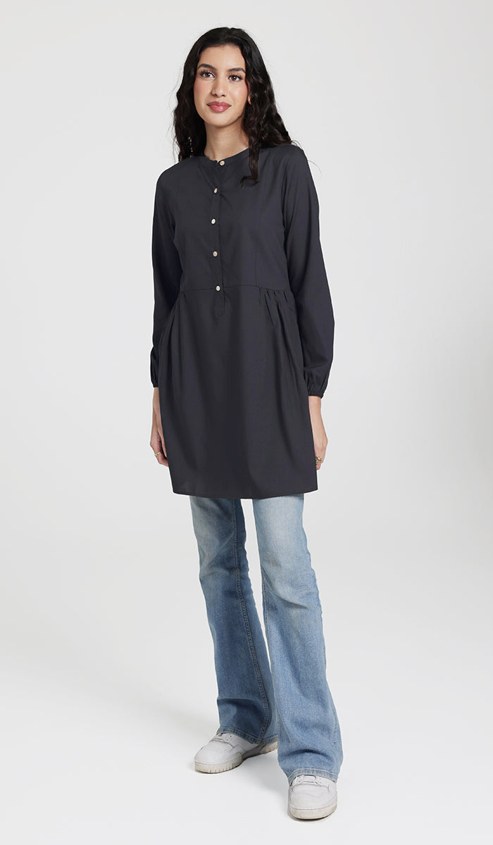 Marina Cotton Feel Modest Button down Tunic Black