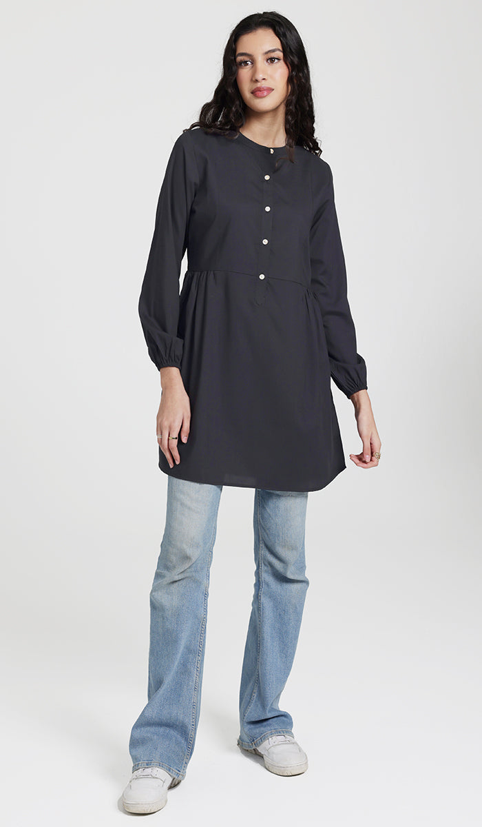 Marina Cotton Feel Modest Button down Tunic Black