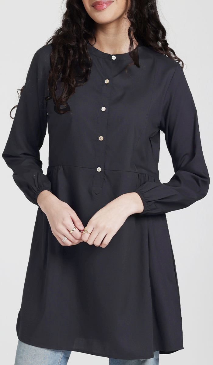 Marina Cotton Feel Modest Button down Tunic Black