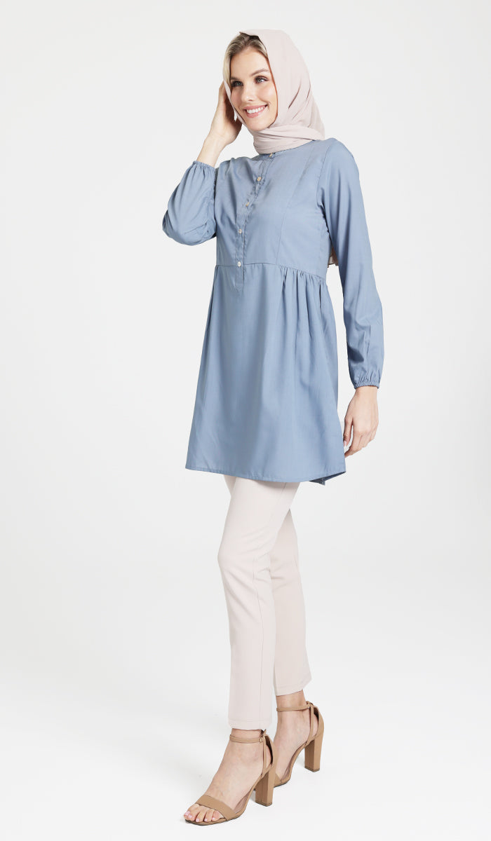 Marina Cotton Feel Modest Button down Tunic Dusty Blue 