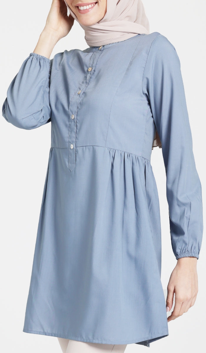 Marina Cotton Feel Modest Button down Tunic Dusty Blue 