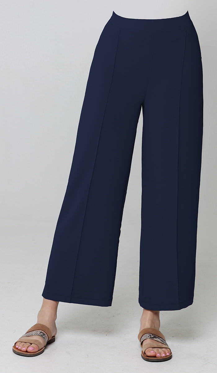 Front view of modest Marvi pants in Blue. 