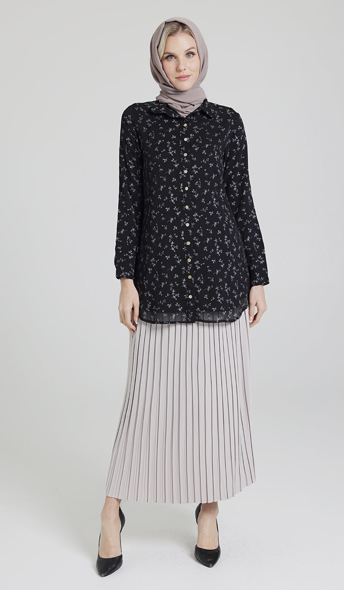 Marwa Chiffon Print Long Button down Shirt - Black/Gray