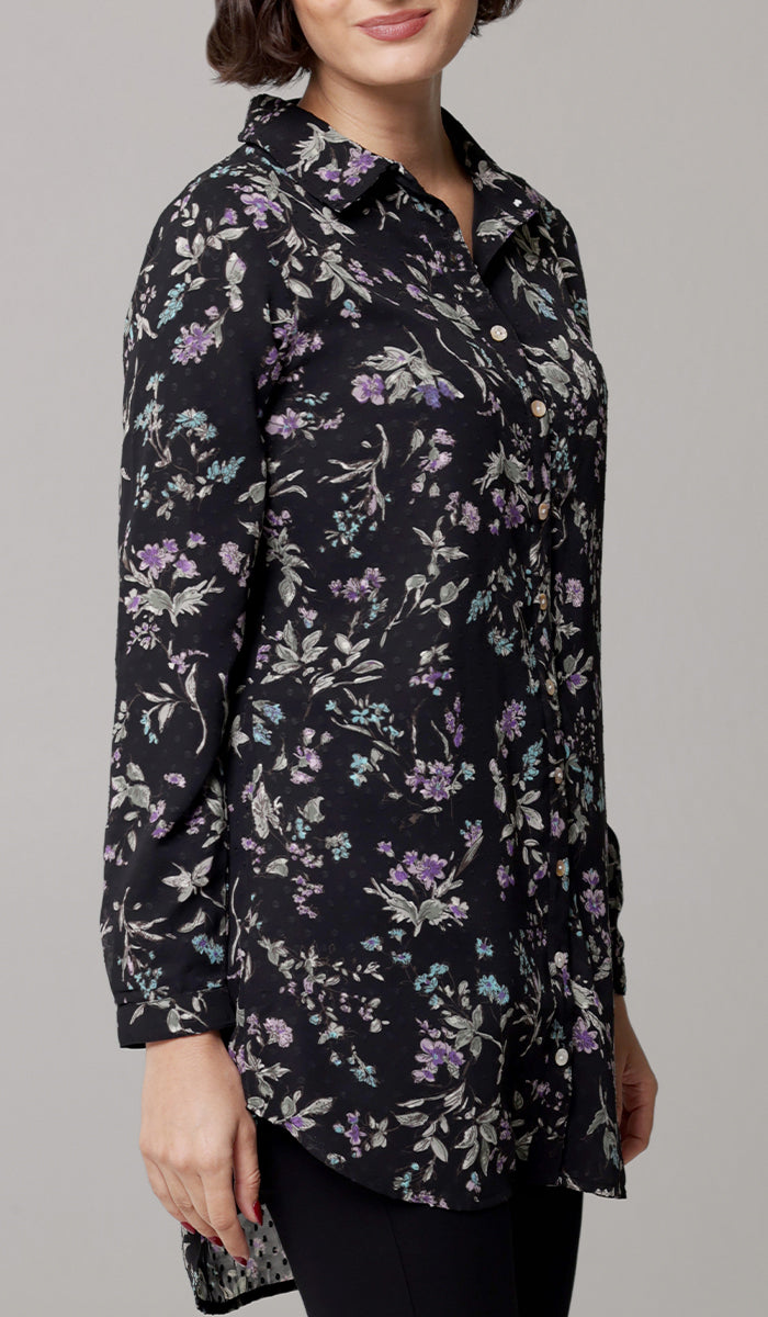 Marwa Chiffon Print Long Button down Shirt - Black/Multi Floral - PREORDER (ships in 2 weeks)