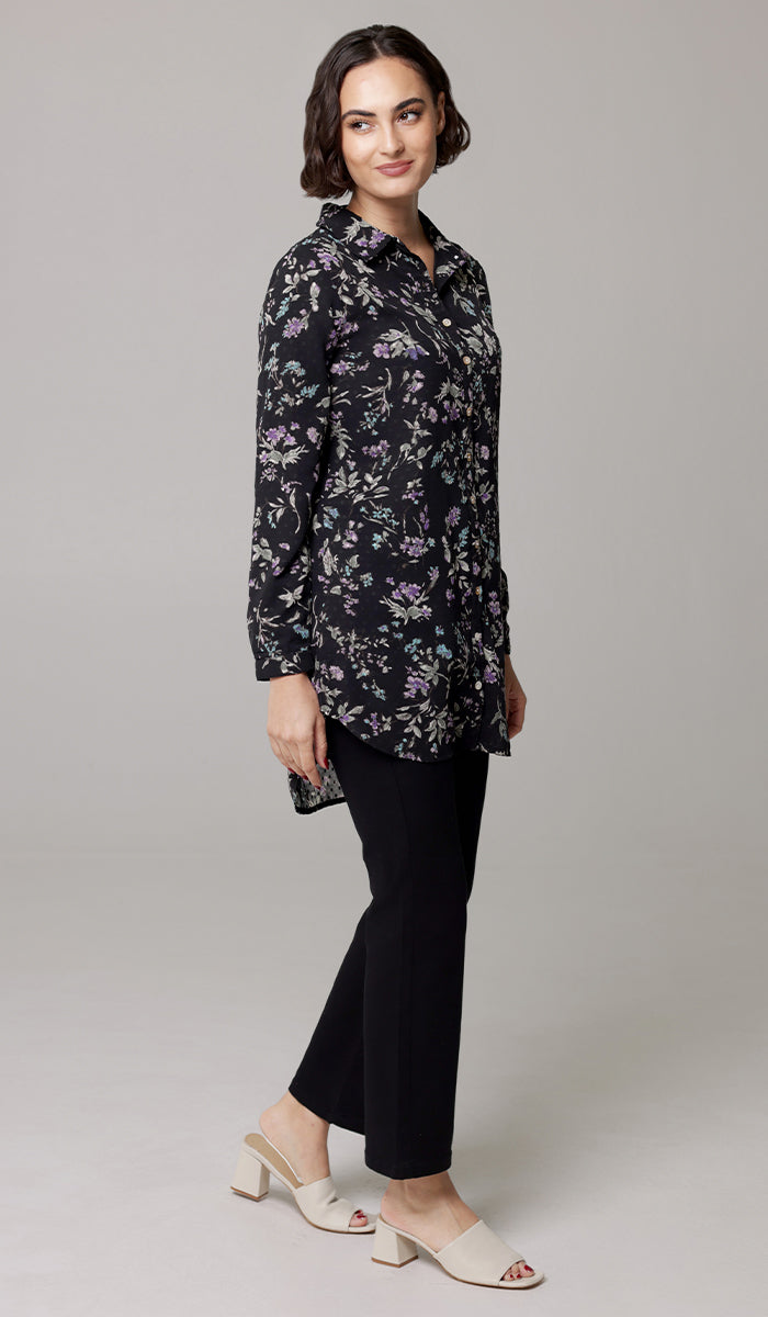 Marwa Chiffon Print Long Button down Shirt - Black/Multi Floral - PREORDER (ships in 2 weeks)