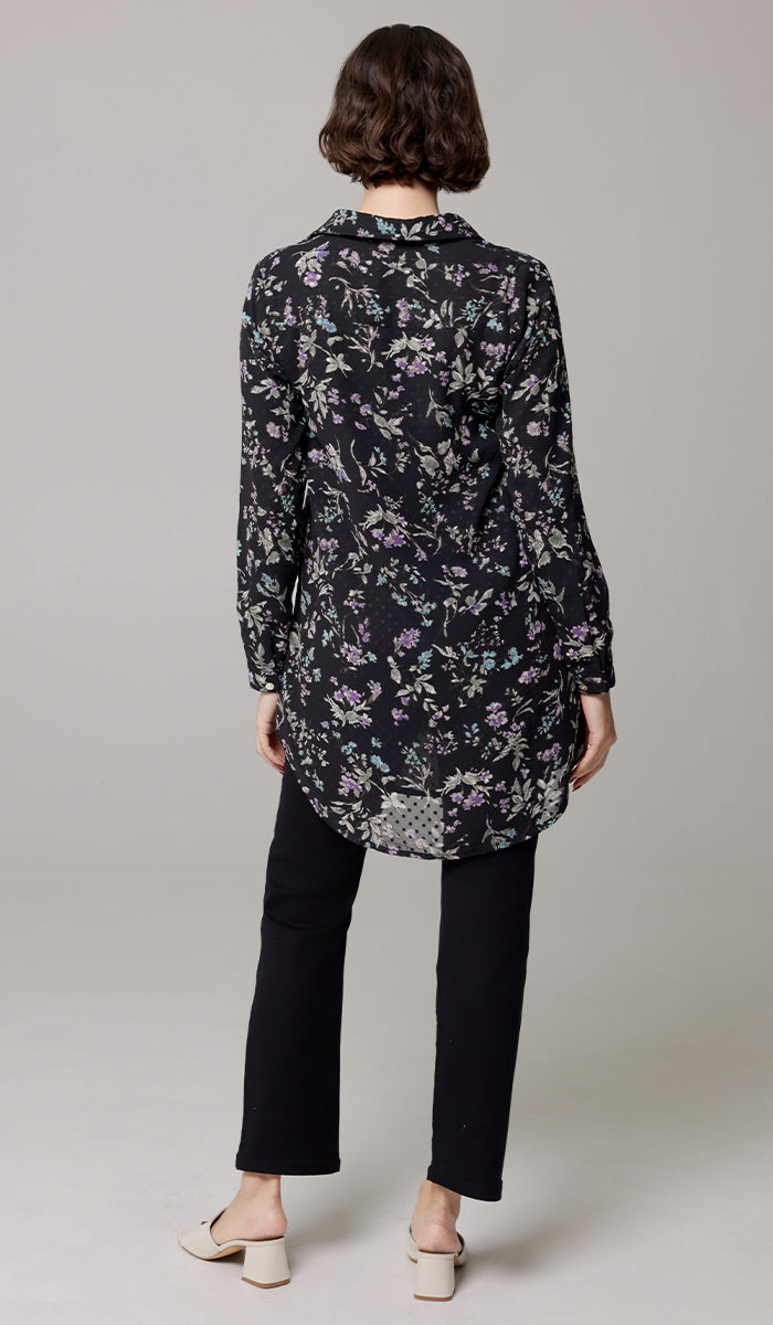 Marwa Chiffon Print Long Button down Shirt - Black/Multi Floral - PREORDER (ships in 2 weeks)